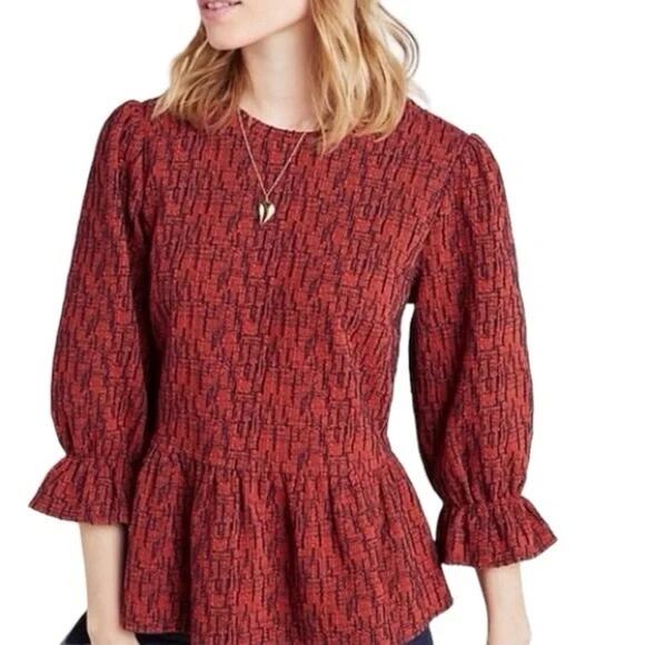 Anthropologie RO&DE Perette Peplum Rust Red Textured Top Size Small - Picture 1 of 13